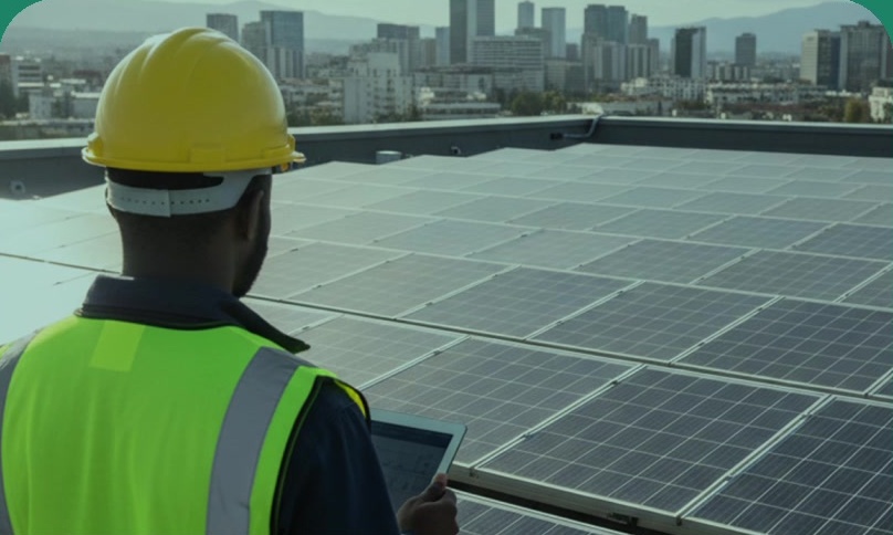 Técnico a inspeccionar painéis solares